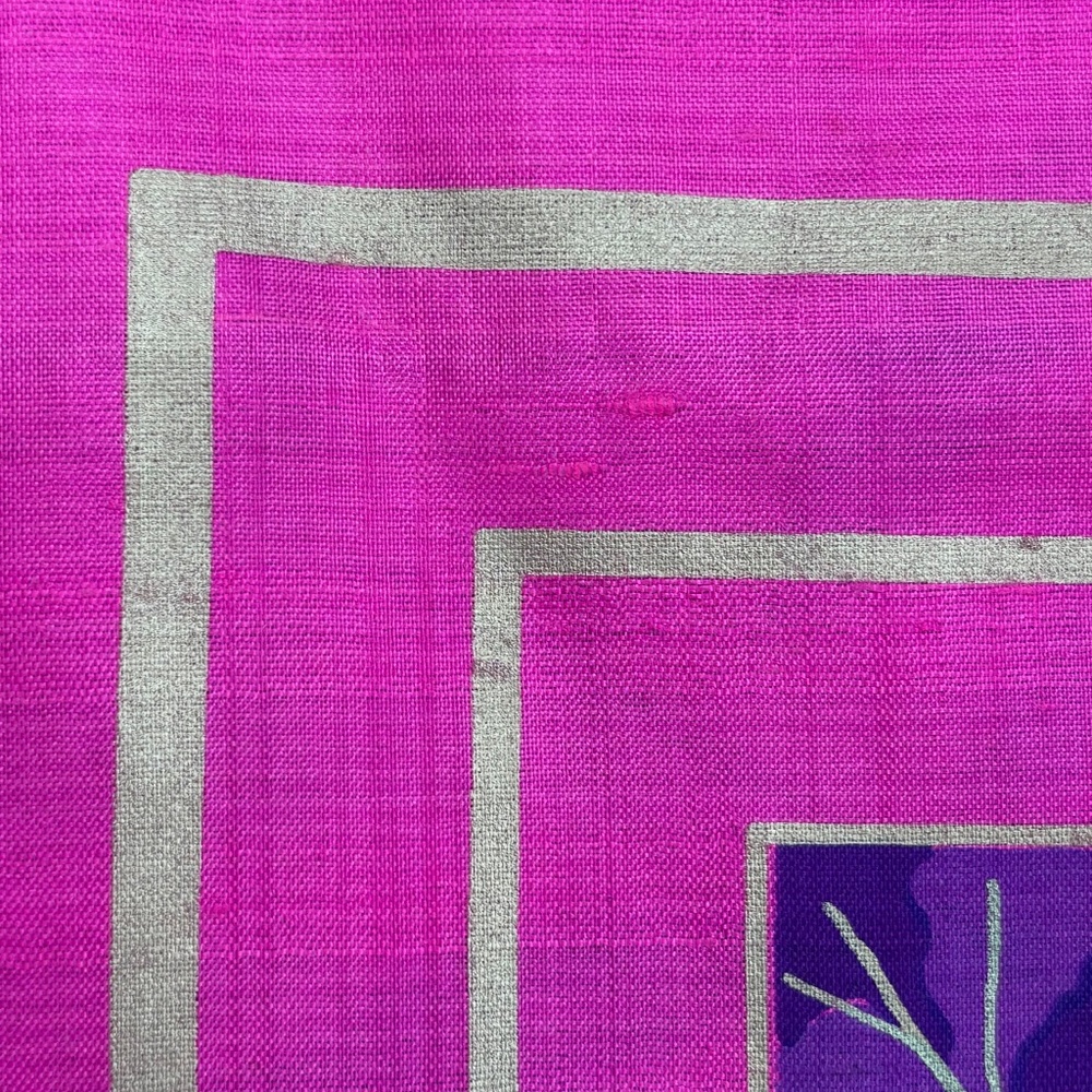 Vintage Thai Raw Silk Square Scarf Fuchsia Pink Purple Floral with Silver Trim - Picture 6 of 9